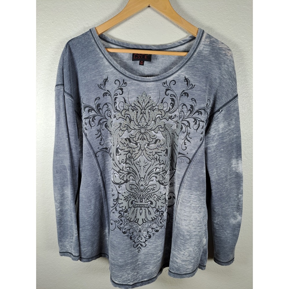 French Blue Grey Acid Wash Damask Rhinestone Graphic Top XL M13CS632